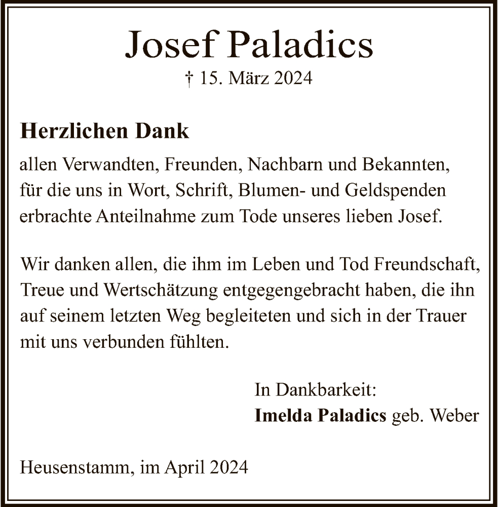  Traueranzeige für Josef Paladics vom 27.04.2024 aus OF