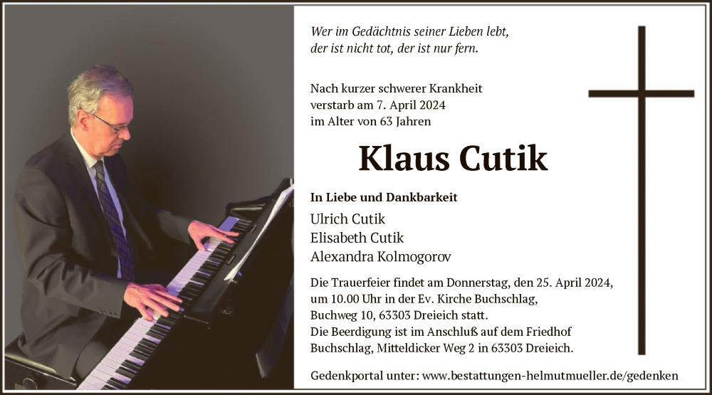  Traueranzeige für Klaus Cutik vom 20.04.2024 aus OF