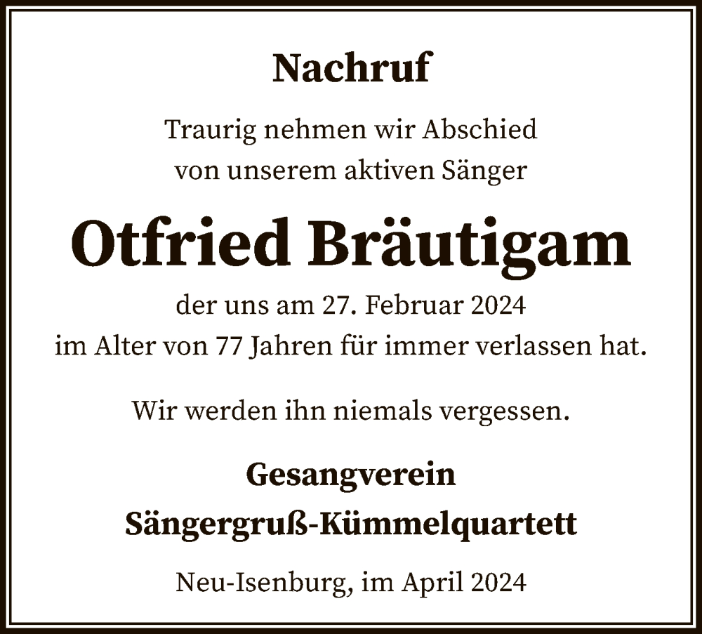  Traueranzeige für Otfried Bräutigam vom 06.04.2024 aus OF