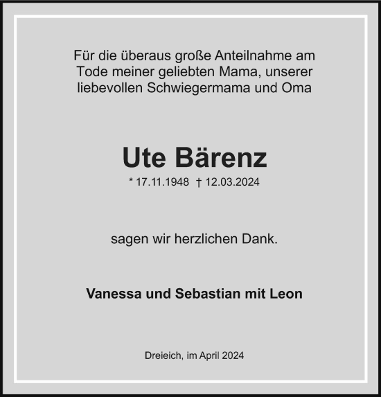 Traueranzeige von Ute Bärenz von OF