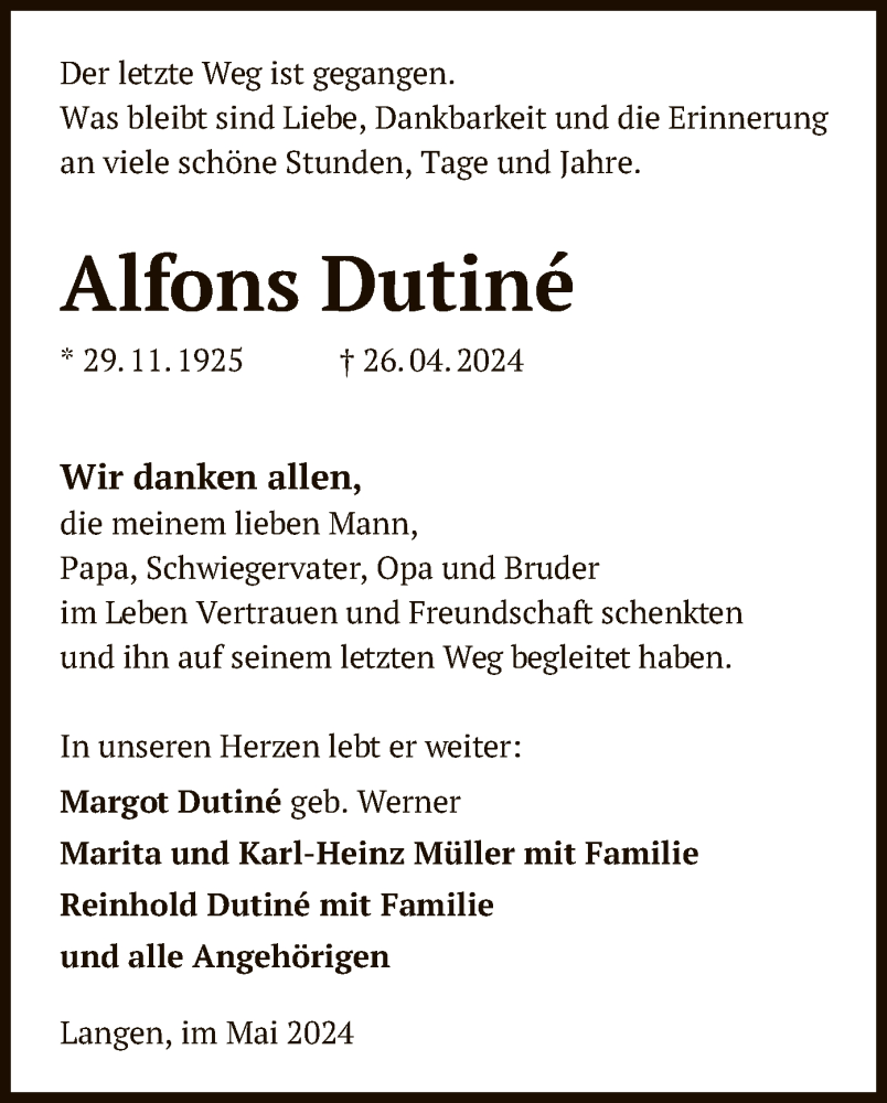  Traueranzeige für Alfons Dutine vom 18.05.2024 aus OF