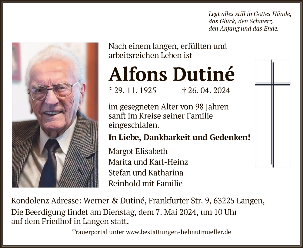  Traueranzeige für Alfons Dutine vom 04.05.2024 aus OF