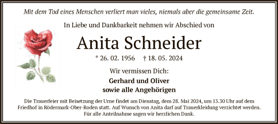 Traueranzeige von Anita Schneider von OF