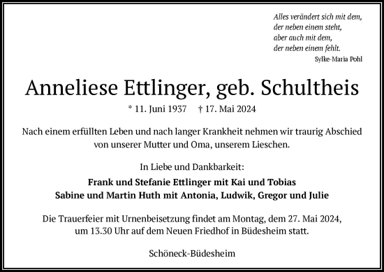 Traueranzeige von Anneliese Ettlinger von OF