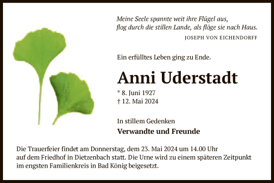 Traueranzeige von Anni Uderstadt von OF