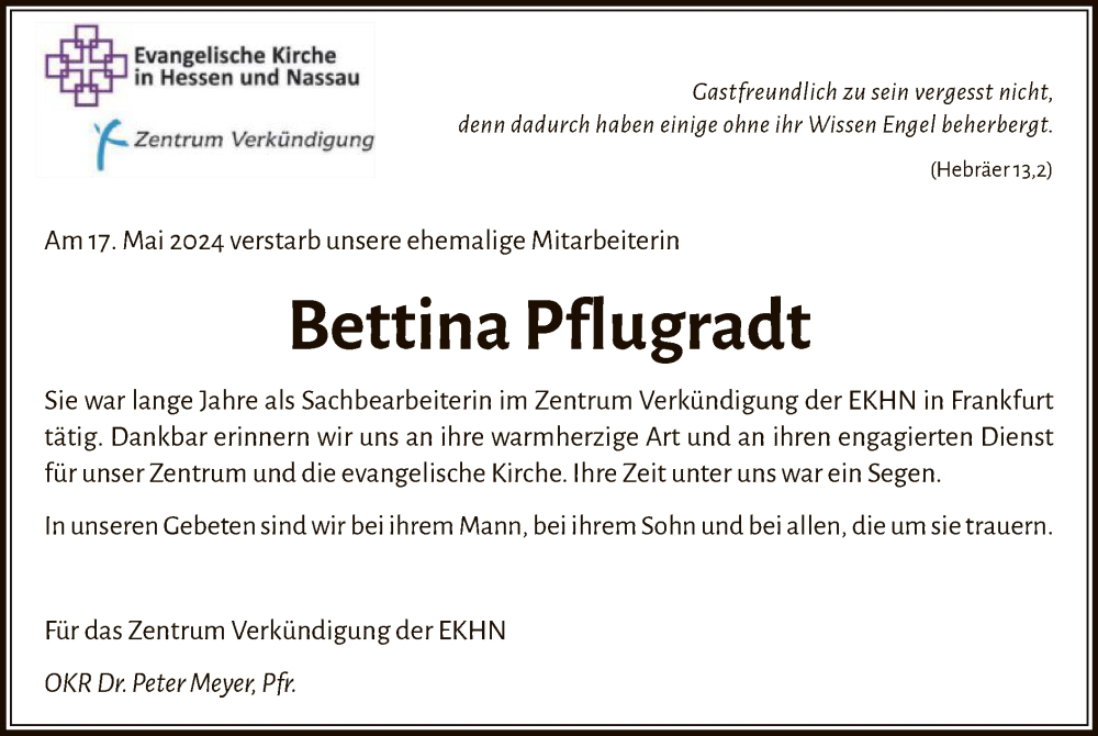  Traueranzeige für Bettina Pflugradt vom 25.05.2024 aus OF