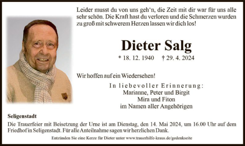  Traueranzeige für Dieter Salg vom 11.05.2024 aus OF