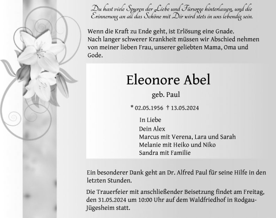 Traueranzeige von Eleonore Abel von OF