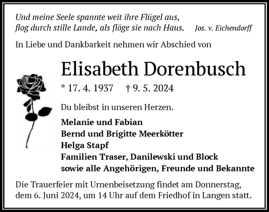 Traueranzeige von Elisabeth Dorenbusch von OF