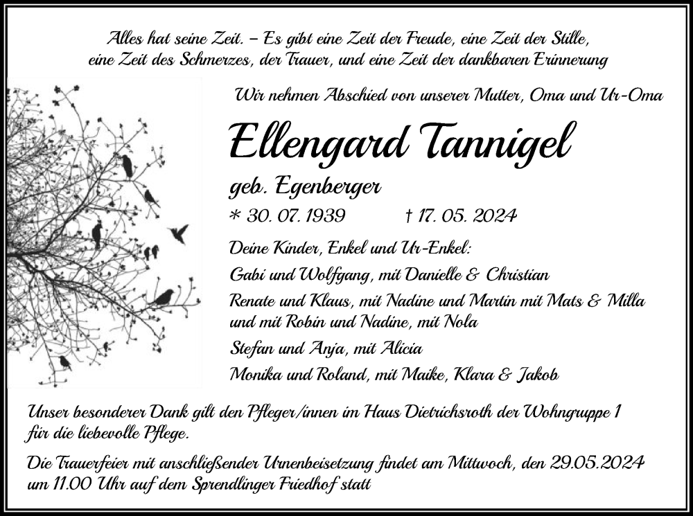  Traueranzeige für Ellengard Tannigel vom 25.05.2024 aus OF