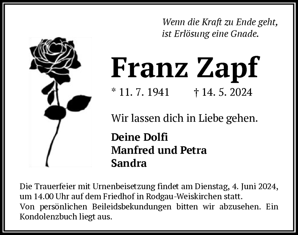  Traueranzeige für Franz Zapf vom 25.05.2024 aus OF