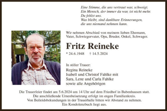 Traueranzeige von Fritz Reineke von OF