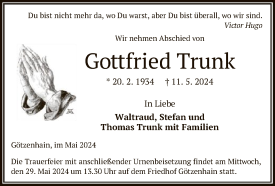 Traueranzeige von Gottfried Trunk von OF