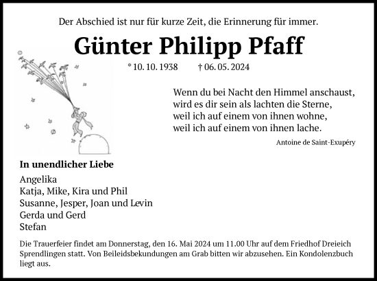 Traueranzeige von Günter Philipp Pfaff von OF