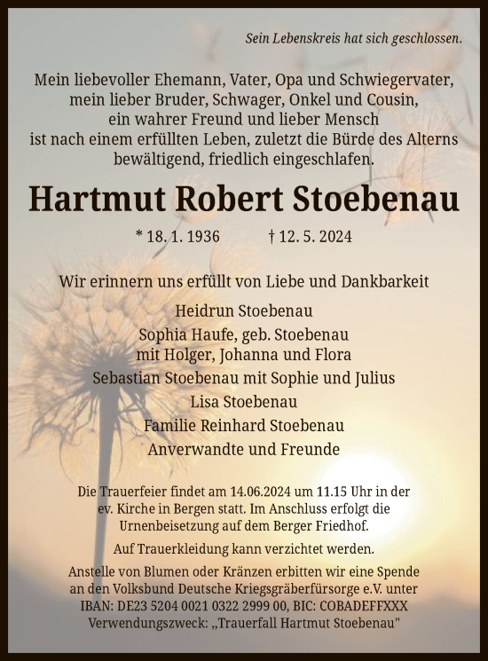 Traueranzeige von Hartmut  Stoebenau von OF
