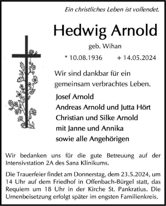 Traueranzeige von Hedwig Arnold von OF