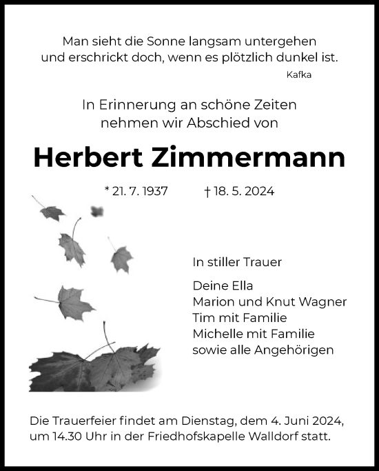 Traueranzeige von Herbert Zimmermann von OF
