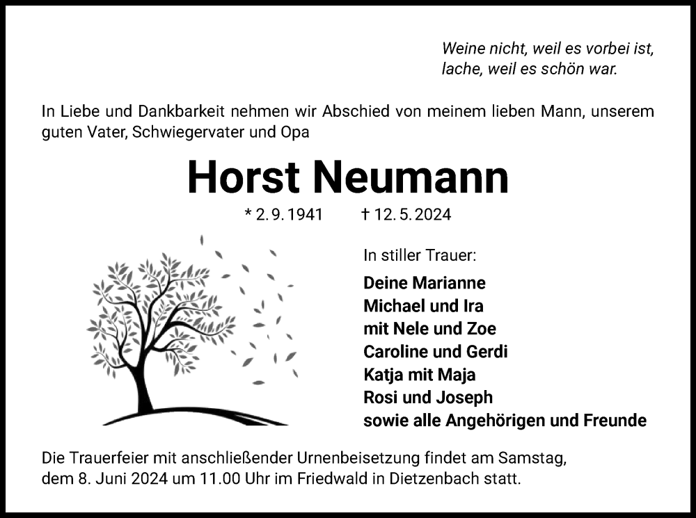  Traueranzeige für Horst Neumann vom 18.05.2024 aus OF