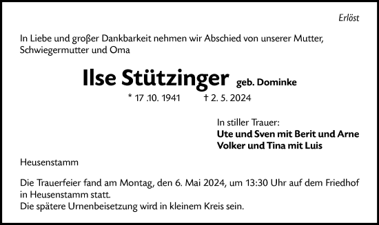Traueranzeige von Ilse Stützinger von OF