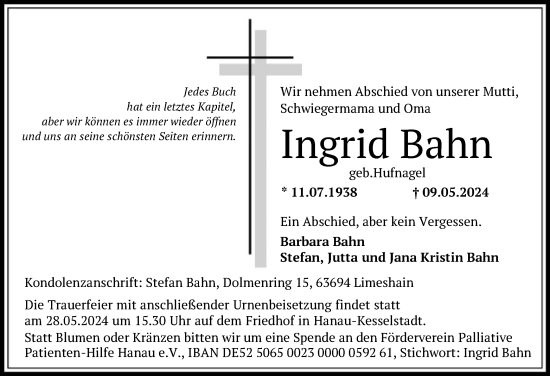 Traueranzeige von Ingrid Bahn von OF