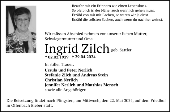 Traueranzeige von Ingrid Zilch von OF