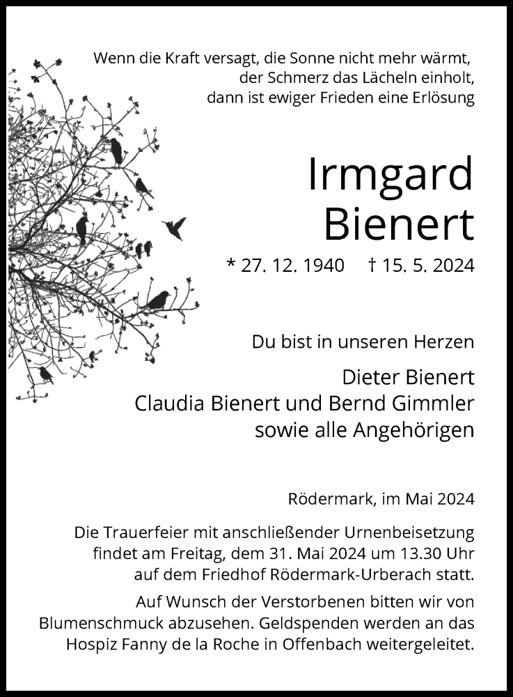  Traueranzeige für Irmgard Bienert vom 25.05.2024 aus OF