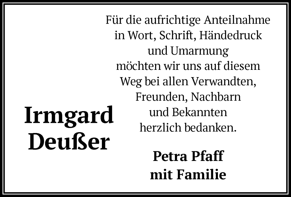  Traueranzeige für Irmgard Deußer vom 04.05.2024 aus OF