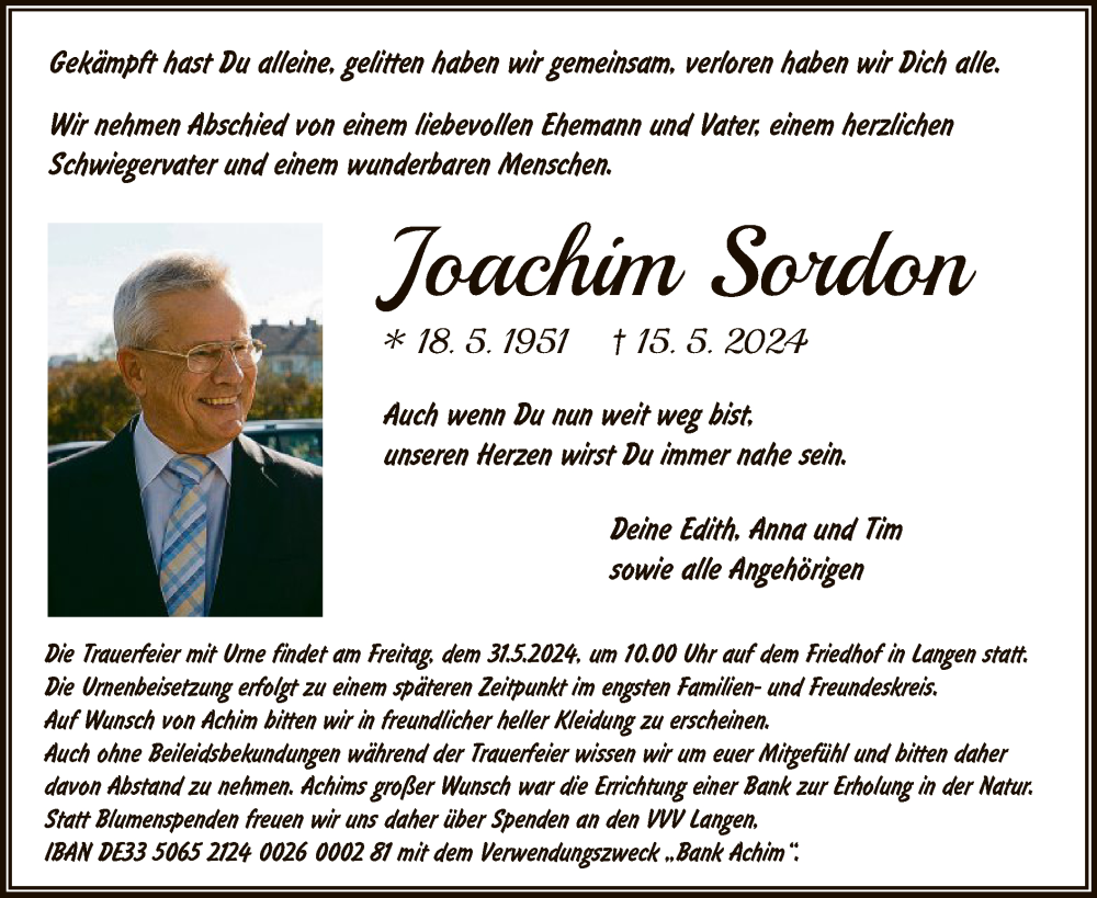  Traueranzeige für Joachim Sordon vom 25.05.2024 aus OF