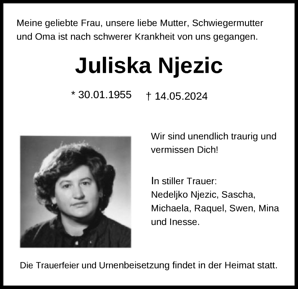  Traueranzeige für Juliska Njezic vom 25.05.2024 aus OF