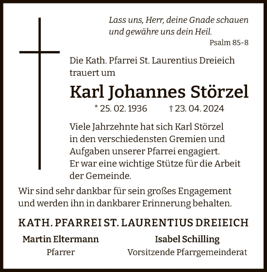 Traueranzeige von Karl Johannes Störzel von OF