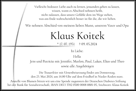 Traueranzeige von Klaus Koitek von OF