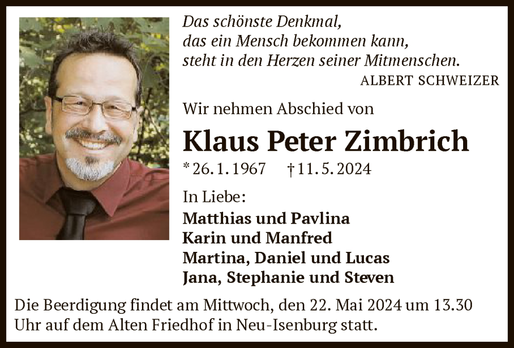  Traueranzeige für Klaus Peter Zimbrich vom 18.05.2024 aus OF