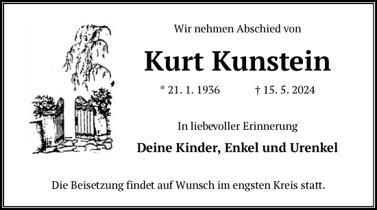 Traueranzeige von Kurt Kunstein von OF
