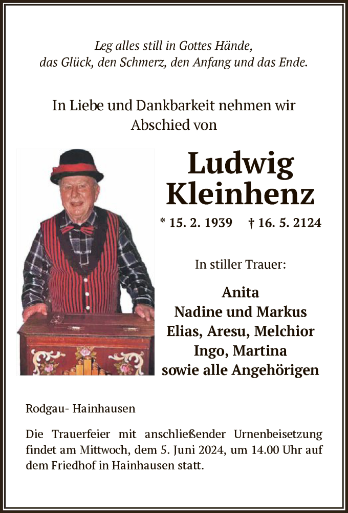  Traueranzeige für Ludwig Kleinhenz vom 25.05.2024 aus OF
