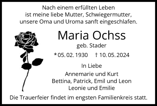 Traueranzeige von Maria Ochss von OF