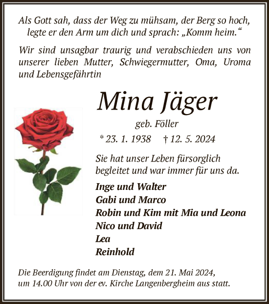 Traueranzeige von Mina Jäger von OF