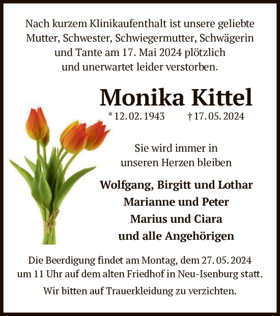 Traueranzeige von Monika Kittel von OF