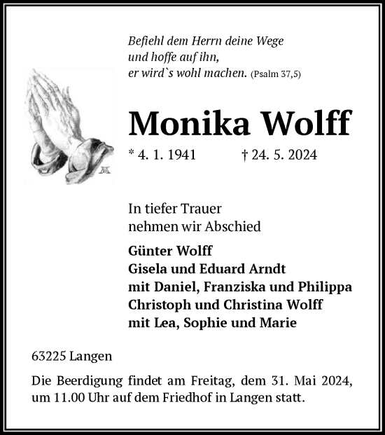 Traueranzeige von Monika Wolff von OF