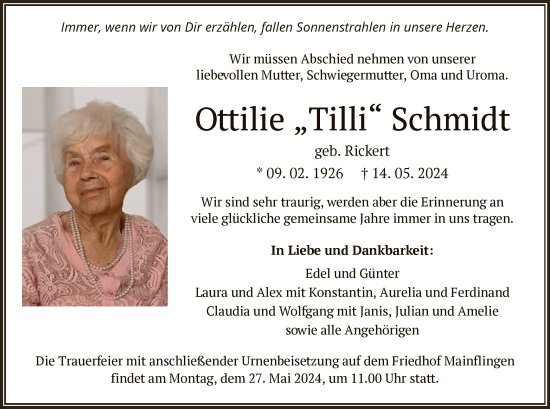 Traueranzeige von Ottilie Schmidt von OF