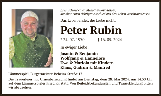 Traueranzeige von Peter Rubin von OF