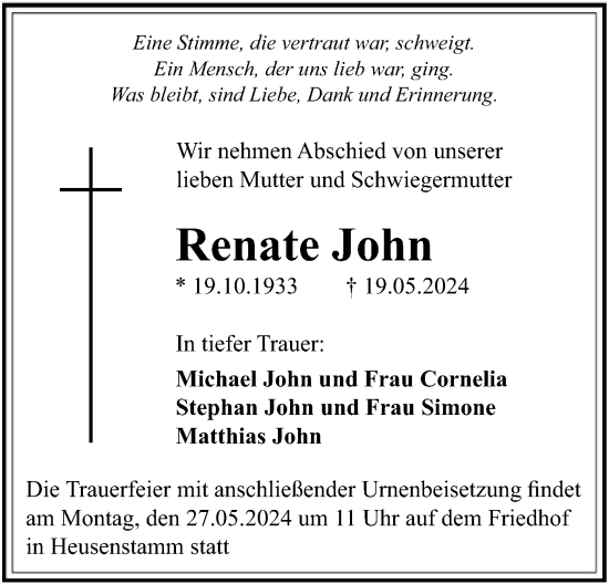 Traueranzeige von Renate John von OF