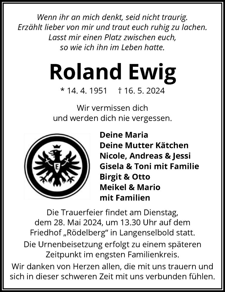  Traueranzeige für Roland Ewig vom 25.05.2024 aus OF