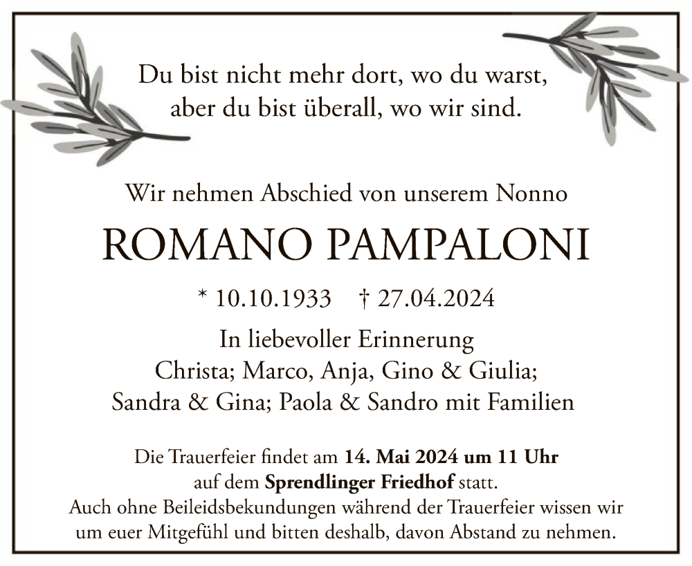  Traueranzeige für Romano Pampaloni vom 11.05.2024 aus OF
