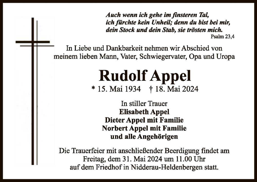  Traueranzeige für Rudolf Appel vom 25.05.2024 aus OF