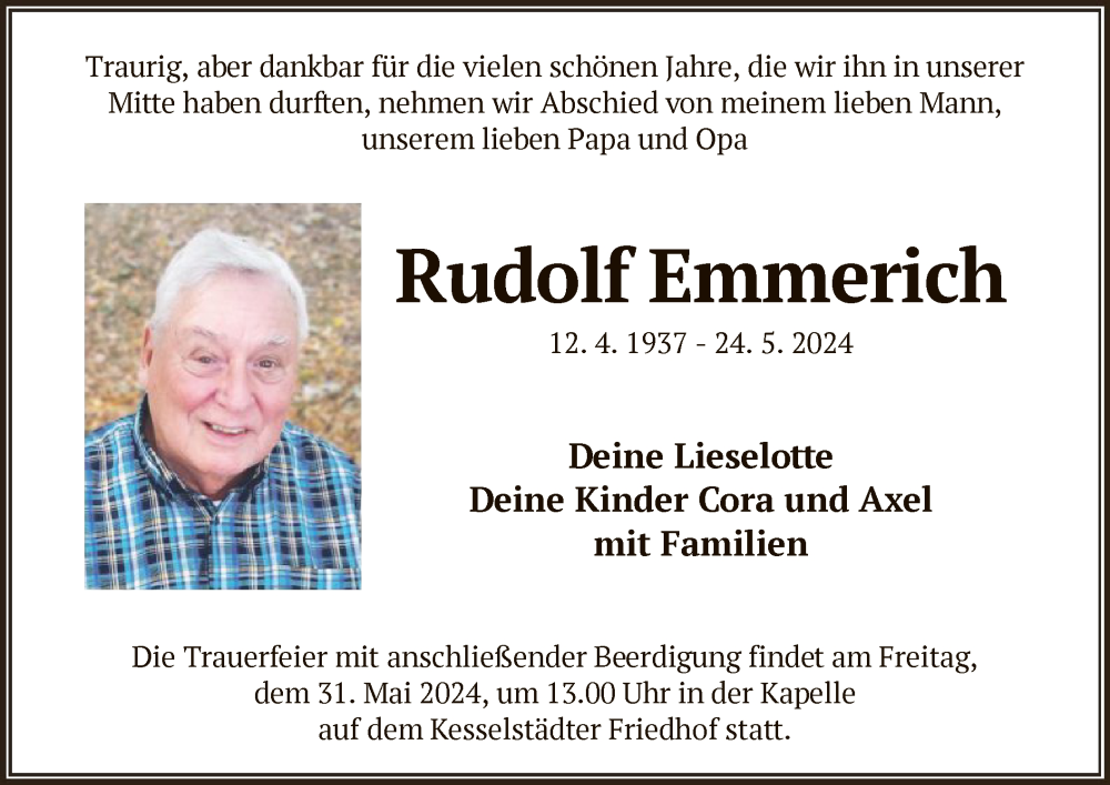  Traueranzeige für Rudolf Emmerich vom 29.05.2024 aus OF