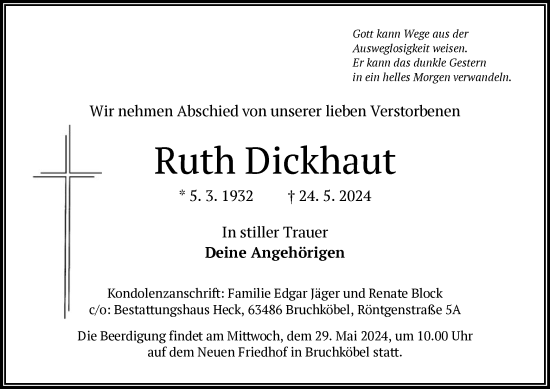 Traueranzeige von Ruth Dickhaut von OF