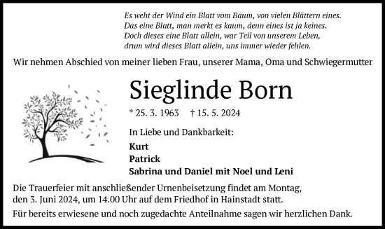 Traueranzeige von Sieglinde Born von OF