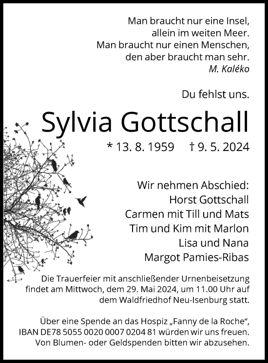 Traueranzeige von Sylvia Gottschall von OF