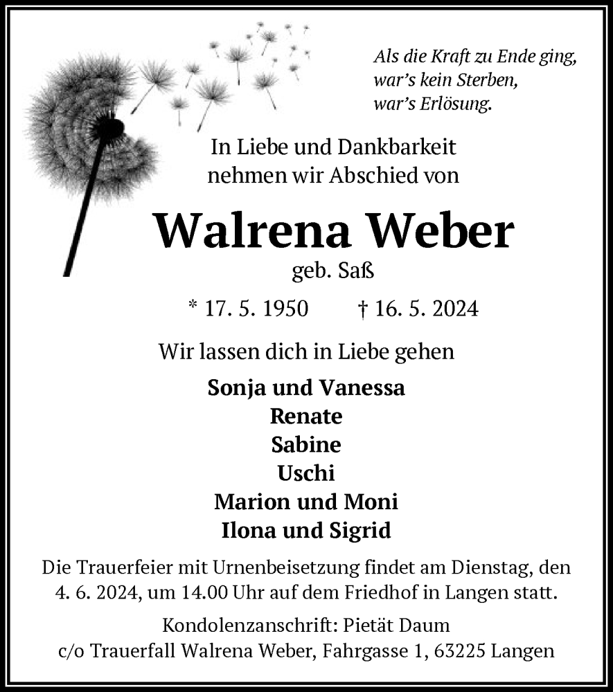  Traueranzeige für Walrena Weber vom 25.05.2024 aus OF
