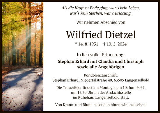 Traueranzeige von Wilfried Dietzel von OF
